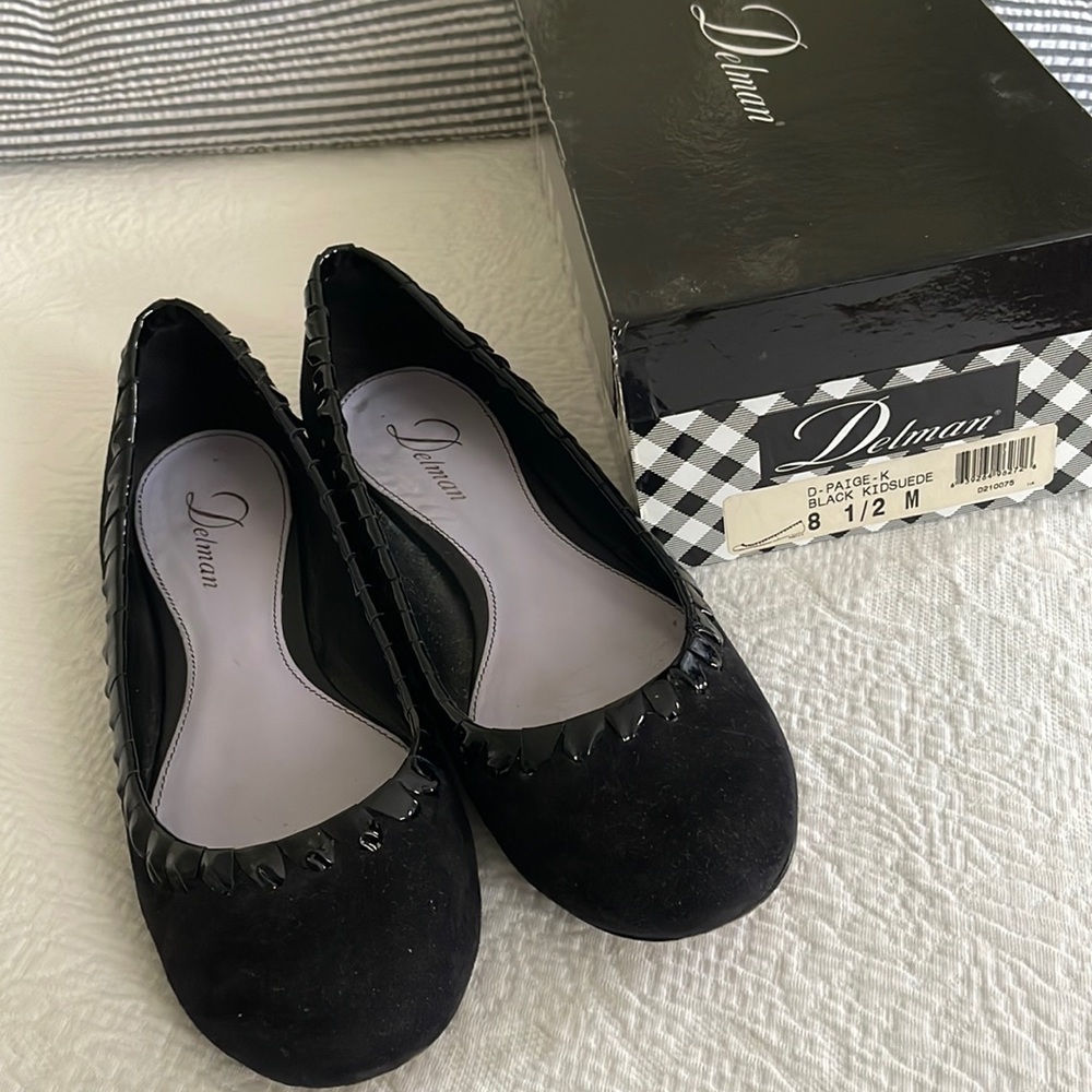 Delman Kid-suede Black Flats with patent leather detail